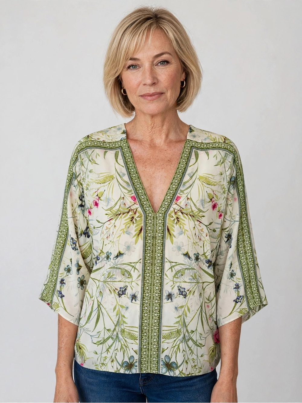 Floral V-Neck Dolman Sleeve Top in Light Green